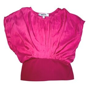 Ipekyol Hot Pink Pleated Satin Dolman Sleeve Blouse Ribbed Waist Top Barbiecore